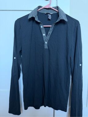 H&M Men's Black Long-Sleeve Polo Shirt with Checked Collar